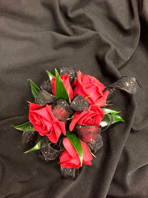 Wristlet Corsage Red and Black – Infinity Floral, Osseo MN