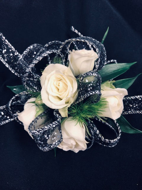 Wristlet Corsage White and Black – Infinity Floral, Osseo MN