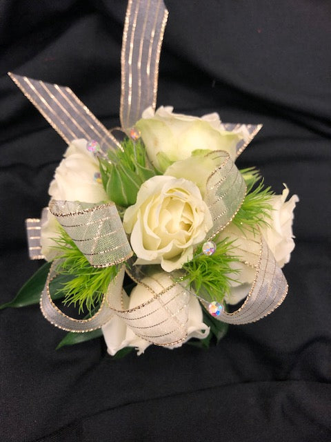 Wristlet Corsage White and Gold – Infinity Floral, Osseo MN