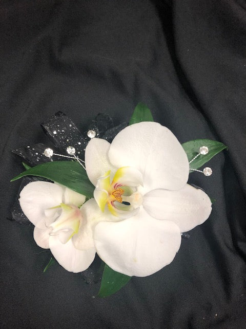 Wristlet Corsage White Orchid and Black