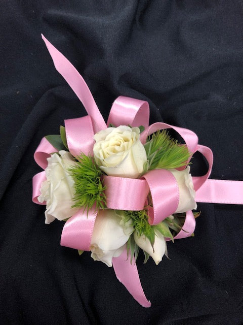 Wristlet Corsage White Roses And Pink Ribbon – Infinity Floral, Osseo MN