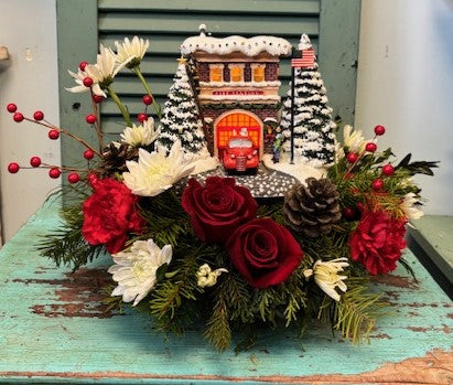 Festive Fire Station Bouquet - Thomas Kinkade's