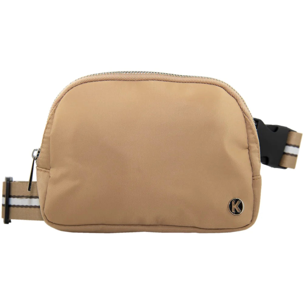 TAN SOLID BELT BAG WITH STRIPED STRAP